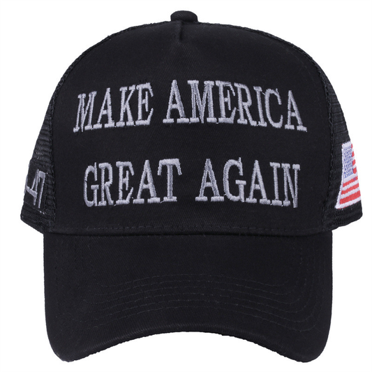 MAGA Hat Make America Great Again Donald Trump 2024 45-47 Slogan with USA Flag Adjustable Baseball Cap Mesh-Back, Black-White