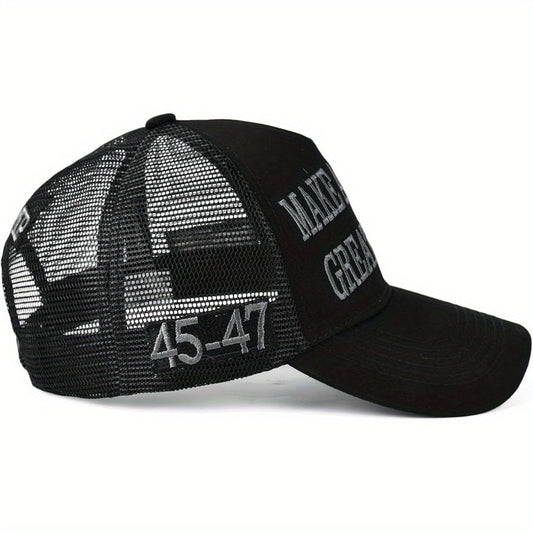 MAGA Hat Make America Great Again Donald Trump 2024 45-47 Slogan with USA Flag Adjustable Baseball Cap Mesh-Back, Black Hat Gray Letters