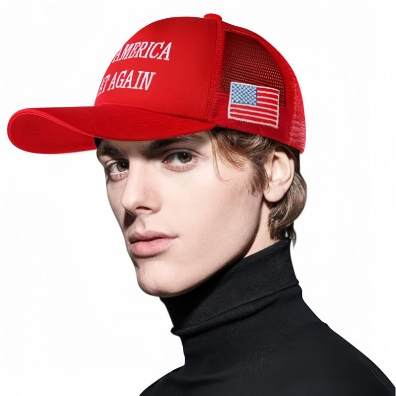 MAGA Hat Make America Great Again Donald Trump 2024 45-47 Slogan with USA Flag Adjustable Baseball Cap Mesh-Back, Red