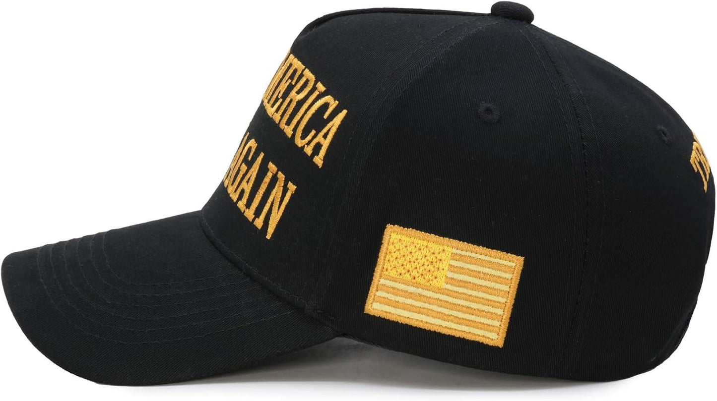 Trump 2024 45-47 MAGA Hat Make America Great Again Donald Trump Slogan with USA Flag Baseball Cap, Black-Gold