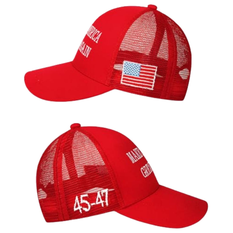 MAGA Hat Make America Great Again Donald Trump 2024 45-47 Slogan with USA Flag Adjustable Baseball Cap Mesh-Back, Red