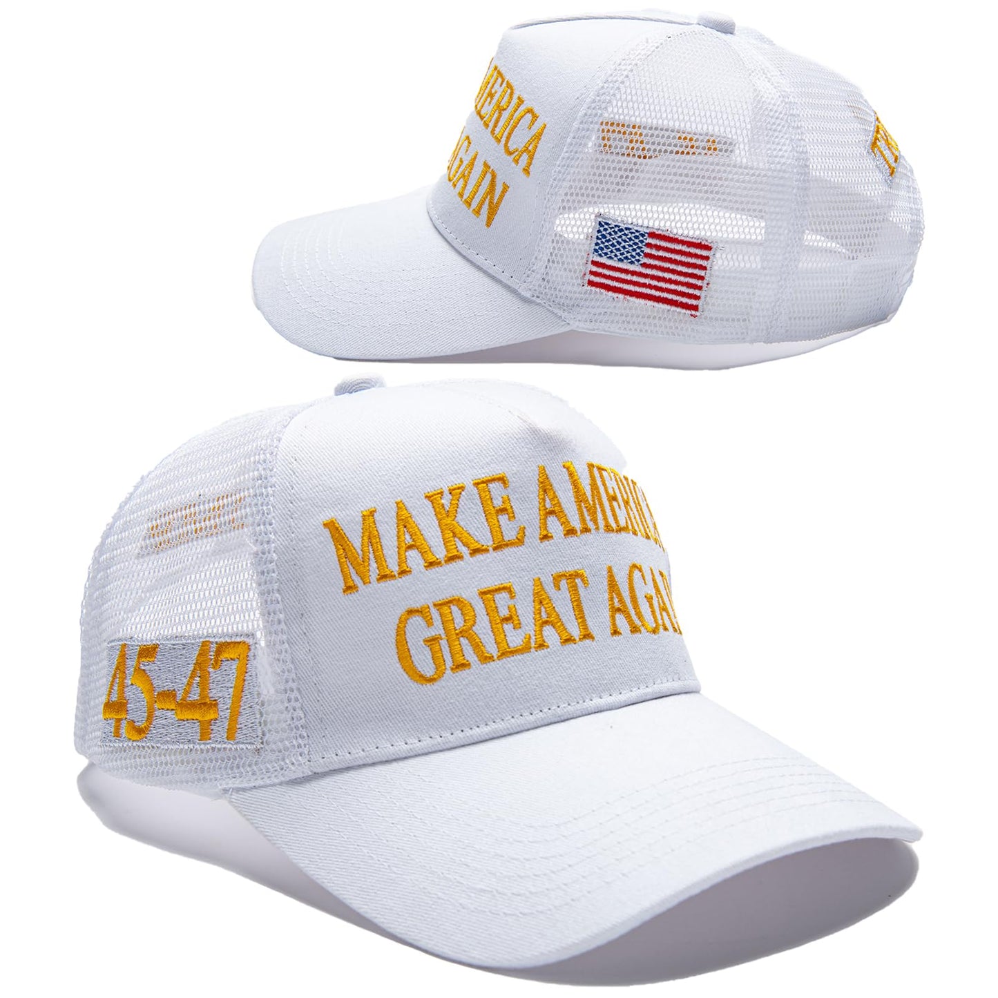 MAGA Hat Make America Great Again Donald Trump 2024 45-47 Slogan with USA Flag Adjustable Baseball Cap Mesh-Back, White