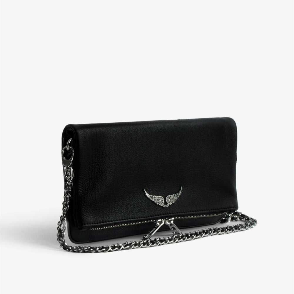 Rock Clutch Pebbled Leather Bag for Women Lady Shoulder Bag With Zipper Wing Rhinestone, Black silver