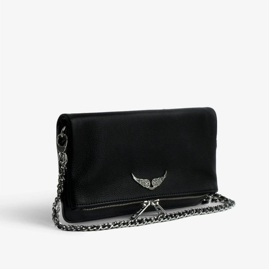 Rock Clutch Pebbled Leather Bag for Women Lady Shoulder Bag With Zipper Wing Rhinestone, Black silver