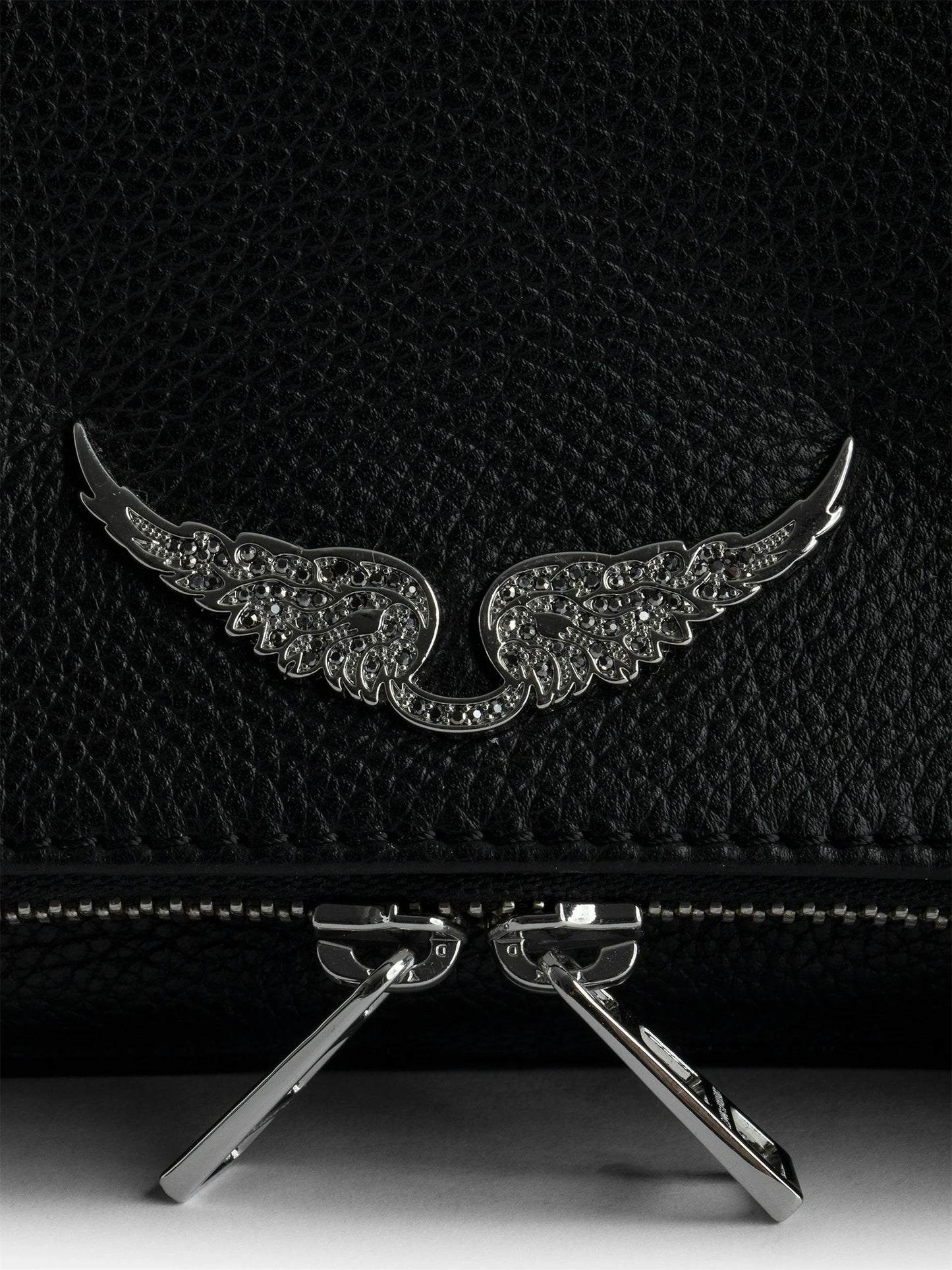 Rock Clutch Pebbled Leather Bag for Women Lady Shoulder Bag With Zipper Wing Rhinestone, Black silver