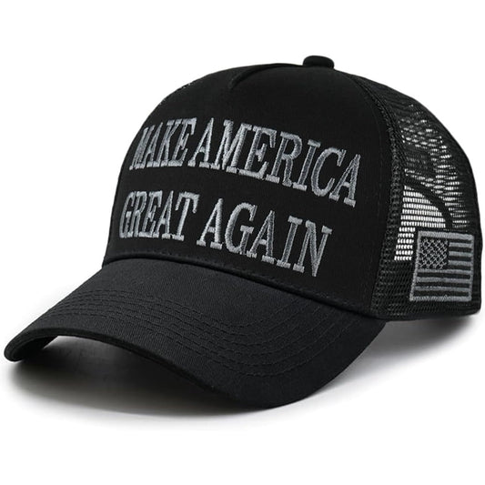 MAGA Hat Make America Great Again Donald Trump 2024 45-47 Slogan with USA Flag Adjustable Baseball Cap Mesh-Back, Black Hat Gray Letters