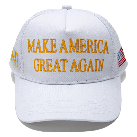 MAGA Hat Make America Great Again Donald Trump 2024 45-47 Slogan with USA Flag Adjustable Baseball Cap Mesh-Back, White
