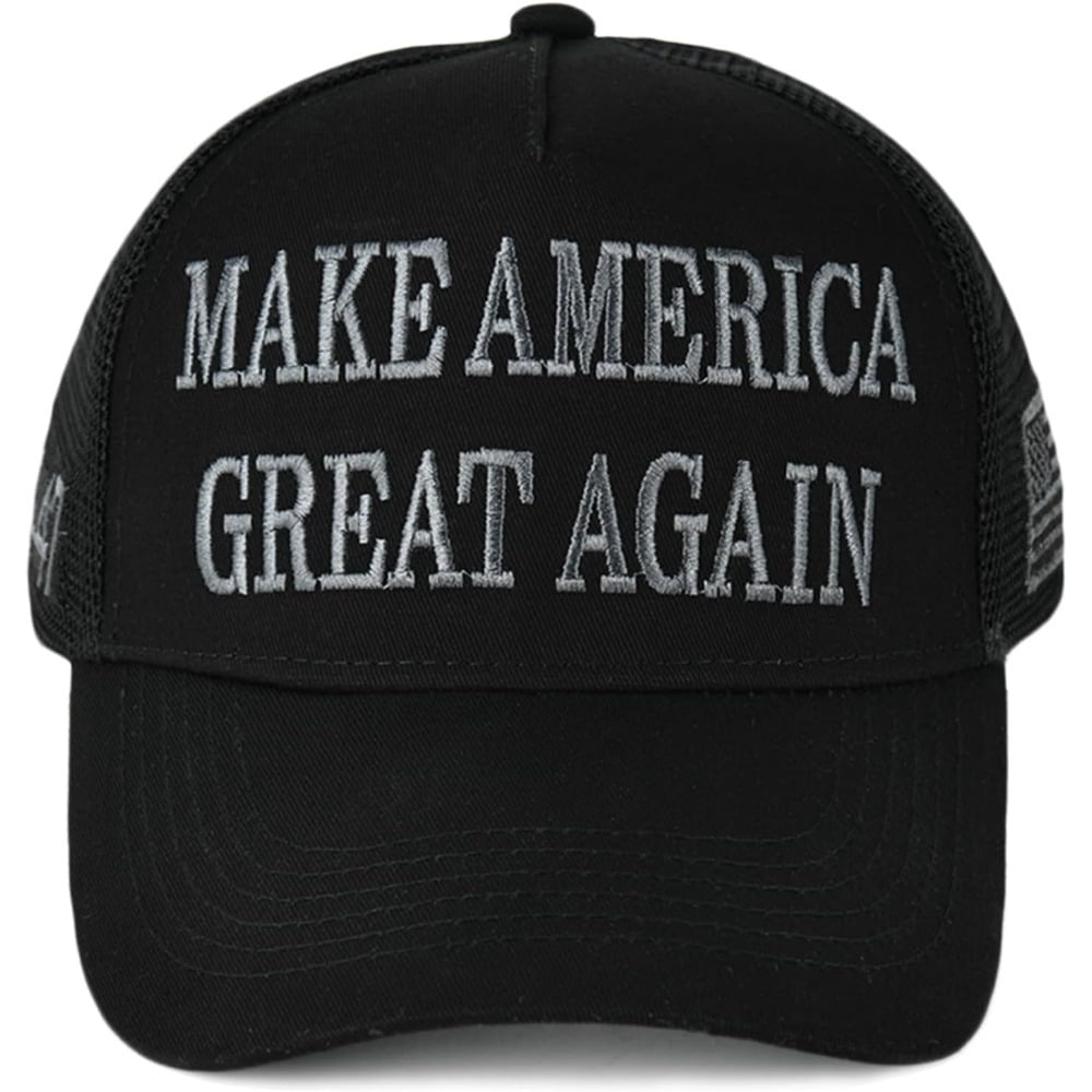 MAGA Hat Make America Great Again Donald Trump 2024 45-47 Slogan with USA Flag Adjustable Baseball Cap Mesh-Back, Black Hat Gray Letters