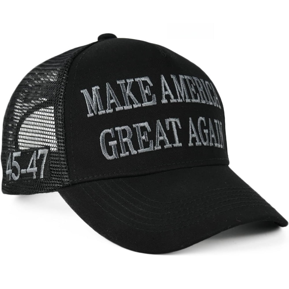 MAGA Hat Make America Great Again Donald Trump 2024 45-47 Slogan with USA Flag Adjustable Baseball Cap Mesh-Back, Black Hat Gray Letters
