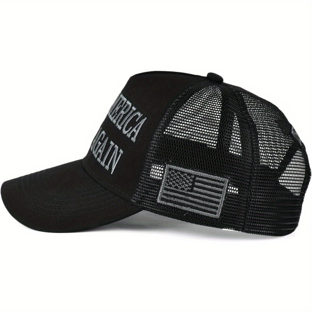 MAGA Hat Make America Great Again Donald Trump 2024 45-47 Slogan with USA Flag Adjustable Baseball Cap Mesh-Back, Black Hat Gray Letters
