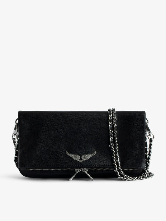 Rock Clutch Pebbled Leather Bag for Women Lady Shoulder Bag With Zipper Wing Rhinestone, Black silver