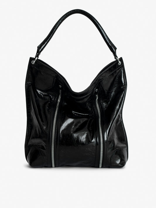 Vintage-Effect Black Patent Leather Hobo Bag with Handle and Wings Signature