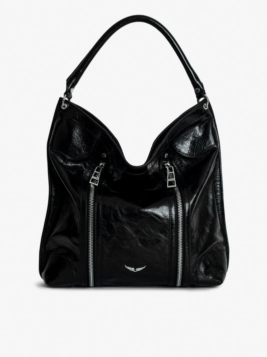 Vintage-Effect Black Patent Leather Hobo Bag with Handle and Wings Signature